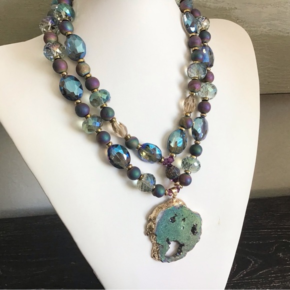 Double Strand Purple Crystals Natural Stone Druzy Pendant Necklace - Picture 10 of 10